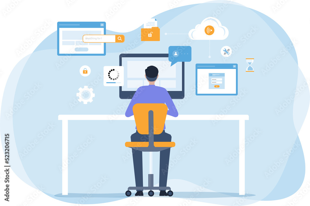Poster  business man working on monitor computer and design concept technology smart working online connect to cloud server network