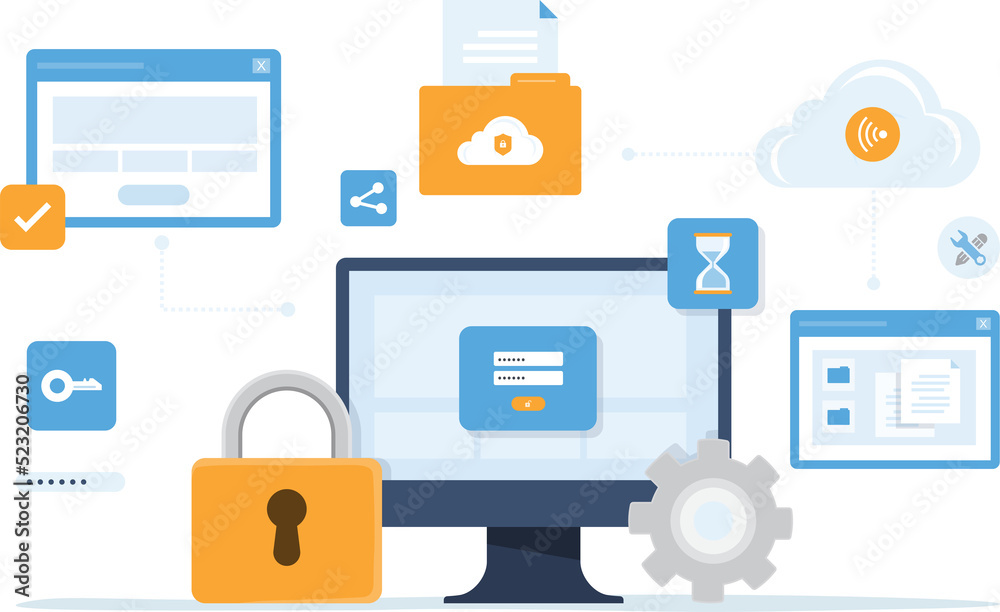Poster Business technology cloud computing service and technology file upload backup on cloud server storage concept with monitor web login security user. 