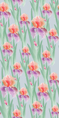 Seamless pattern of Watercolor Irises. Field of irises. Watercolor field of blooming irises. Seamless pattern of spring flowers and leaves for fabrics, wallpaper, interior.