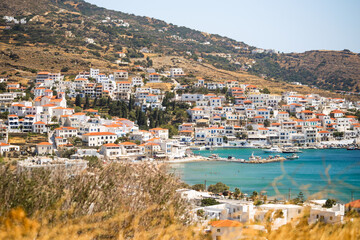 Fototapeta na wymiar mpatsi or batsi city in andros island greece
