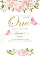 Invitation to the princess's birthday party. Template for baby shower invitation. It is a girl. One year