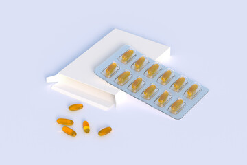 Editable mockup of fish oil omega 3 golden capsules in a blister pack. 3d rendering.