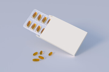 Editable mockup of fish oil omega 3 golden capsules in a blister pack. 3d rendering. - obrazy, fototapety, plakaty