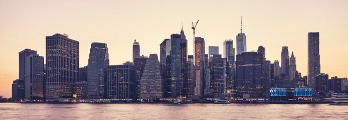 Manhattan panorama at sunset, color toning applied, New York City, USA