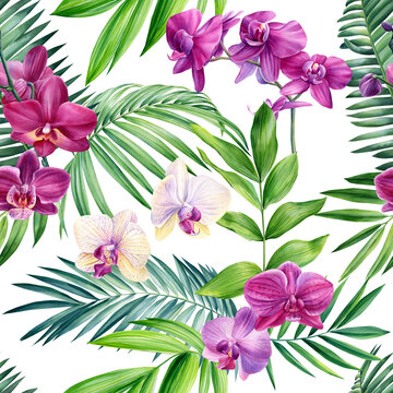 seamless pattern tropical plants flowers and green leaves watercolor illustration, botanical painting, jungle design