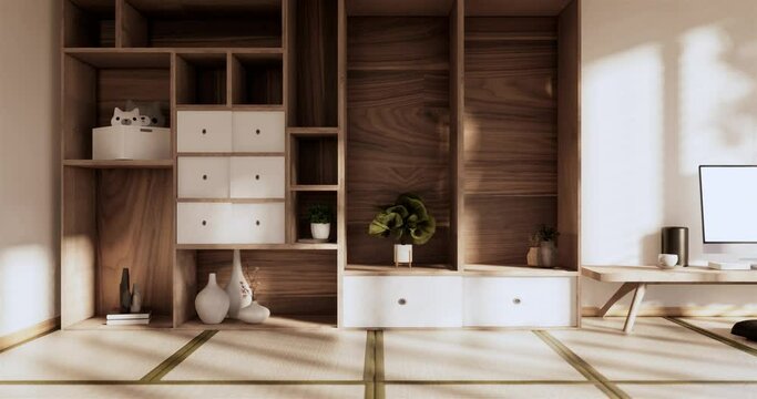 Cabinet modern design on living room zen style empty wall background.3D rendering