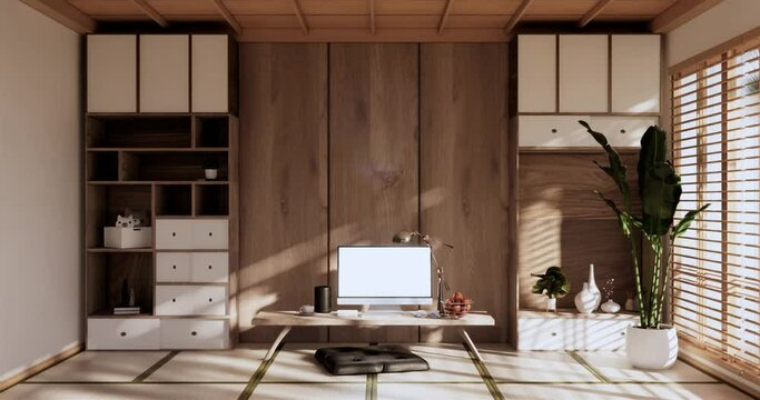 Cabinet modern design on living room zen style empty wall background.3D rendering