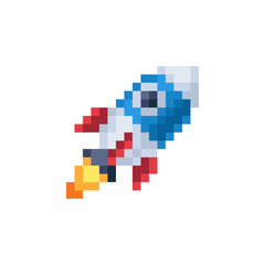 Fototapeta premium Rocket. Pixel art icon. Astronautics symbol. Space exploration. Isolated vector illustration. 