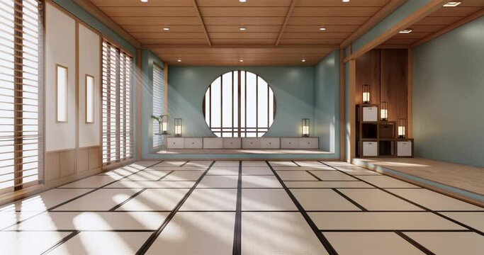 Circle shelf wall design, mint empty  room japanese deisgn, tatami mat floor. 3D rendering