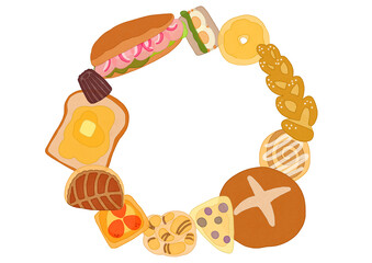 色々な種類のパンの丸いフレーム　枠
