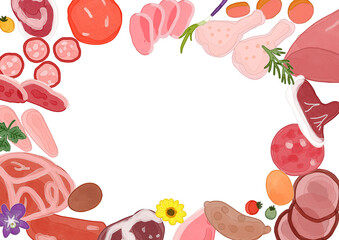 色々な種類のお肉　フレーム素材　飾り枠
