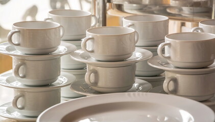 Cups, saucers and plates made of white earthenware