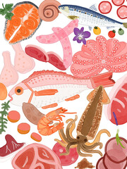新鮮な食材の置き画　背景イラスト　肉・魚　水彩画
