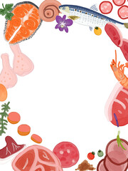 新鮮な食材の置き画　フレームイラスト　肉・魚　水彩画
