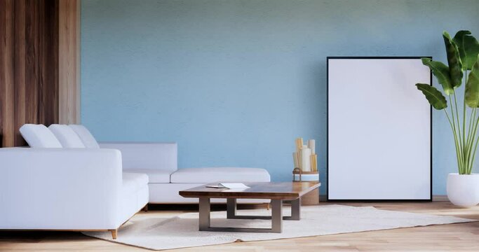 Light blue Living room has decorated with lamps and plants trees .3d rendering