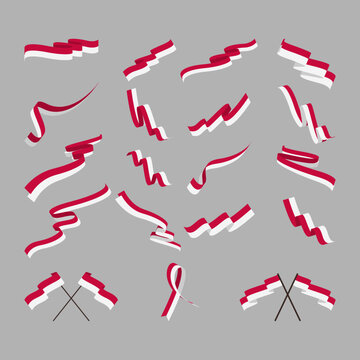 Indonesia ribbon flag collectian set flat. red white flag
