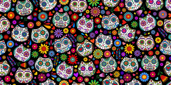 Day of the Dead skulls pattern. Mexican dead Cat. Dia de los muertos print. Day of the dead and Mexican tradition festival. Day of the dead sugar skull isolated. Dia de los Muertos tattoo skulls.