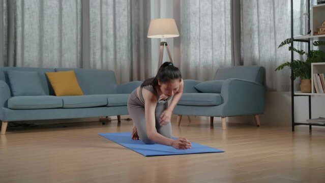 Full View Of Young Asian Trainer Female In Sports Clothes Speaking And Doing Yoga In Forearm Plank Pose While Teaching Exercise At Home
