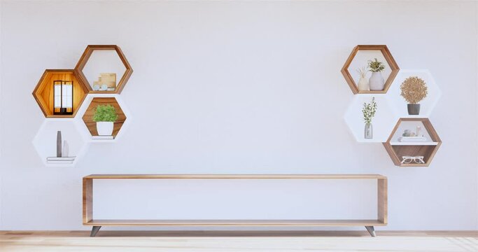 Cabinet modern design on living room zen style empty wall background.3D rendering