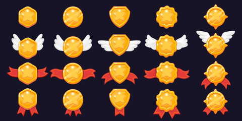Game star level. Cartoon 2D game asset of victory award and win medals with colorful shiny stars, rank rating and level up interface elements. Vector isolated set - obrazy, fototapety, plakaty
