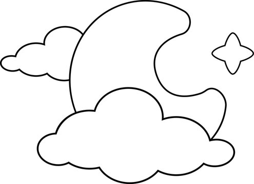 Moon with clouds and star - vector linear picture for coloring. Outline. Moon in the clouds and star for coloring book