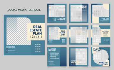 social media template banner house architecture service promotion. fully editable instagram and facebook square post frame puzzle organic sale poster