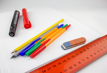 Office supplies on a white background. Items for writing, learning, notes.Stationery.