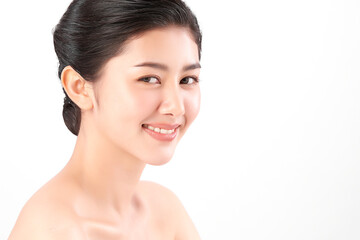 Beautiful young asian woman with clean fresh skin on white background, Face care, Facial treatment, Cosmetology, beauty and spa, Asian women portrait.