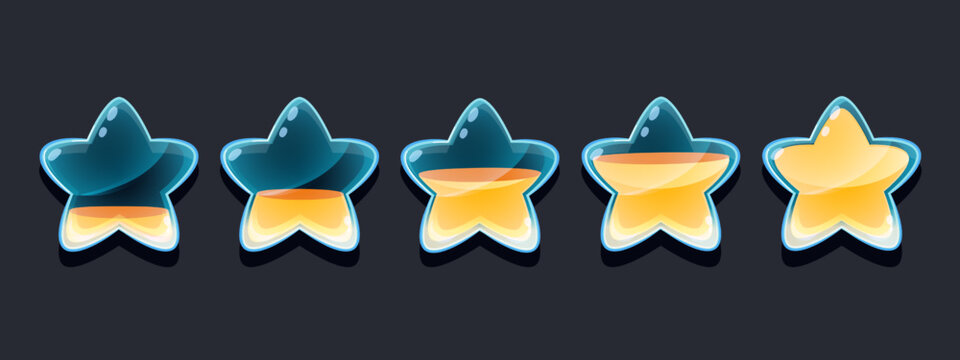 Star Rating Animation. Cartoon Full And Empty Life Indicator Asset For 2D Game, Progress Status Star Sprite For Web And Mobile App Interface. Vector Illustration