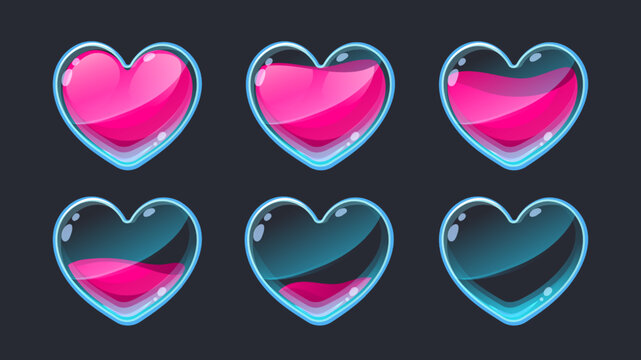 Heart animation UI. Empty to full 2D game life sprite asset for health indication GUI, web app and mobile game interface symbol graphic design. Vector set