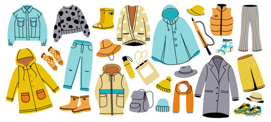 Autumn clothing. Doodle seasonal warm wearing and accessories, cozy sweater coat and pants, waterproof and rain boots. Vector fashion isolated set
