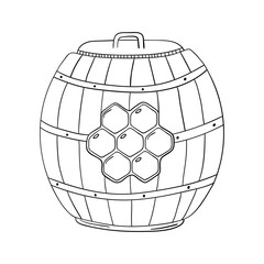 Hand drawn wooden barrel with honey isolated on a white background. Doodle, simple outline illustration. It can be used for decoration of textile, paper.