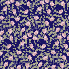 Seamless floral pattern for textiles, fabrics, wall-coverings. Seamless pattern of summer flowers and leaves for fabrics, wallpaper, interior. Delicate colors flowers on dark blue background. Vector.