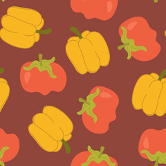 Seamless pattern with tomatoes and peppers  on a red background. Vector illustration in flat style. Vegetables design for fabric ow wrapping paper.