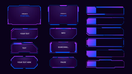 Game panel. Streaming overlay interface elements, futuristic monitor tabs and frames, live stream pop up window and tech message. Vector streamers soft layout set