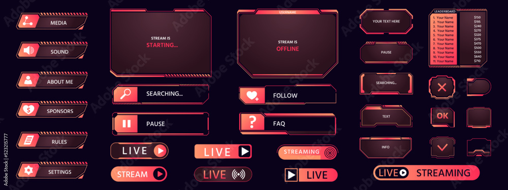 Poster game frame. streaming interface elements, button icon frame futuristic layout asset, hud live broadc