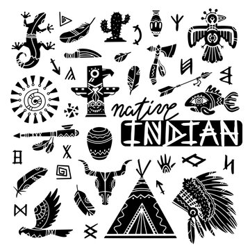 Set of native indian elements. Native american boho style collection, hand drawn illustration. Ethnic clipart isolated on white background. Vector