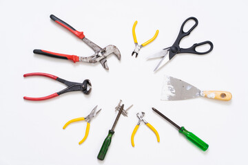 Set of hand tools on white background.