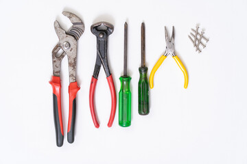 Set of hand tools on white background.