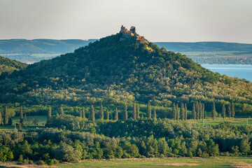 Castle of Szigliget aerial view in summer. Hungary, Europe