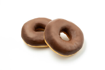 Two Donuts -Tasty dessert with chocolate glossy glaze in a plate, isolated on white background. One round chocolate doughnut cake for your design and print. Clipping path