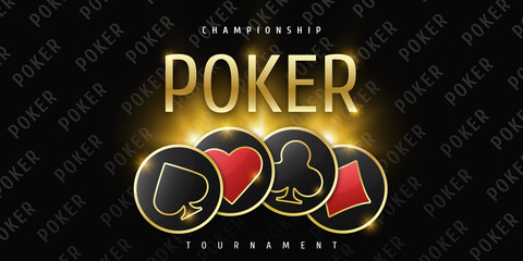 Poker tournament banner. Poker logo with playing card suit chips. Clubs, diamonds, spades, hearts on a black background. Vector illustration. - obrazy, fototapety, plakaty