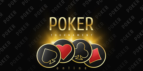 Poker tournament banner. Poker logo with playing card suit chips. Clubs, diamonds, spades, hearts on a black background. illustration.