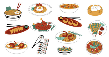 Asian food. Chinese Japanese and Korean national cuisine, bowls and plates with spicy food, sea fish, rice and sauces. Vector traditional eastern meal isolated doodle set