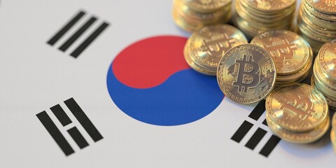 Many bitcoins and national flag of South Korea, cryptocurrency laws related conceptual 3d rendering