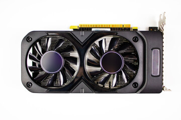 Video card for PC on a white isolated background. Computer graphics card with two fans. Video card with two coolers, for gaming, mining.GPU component for PC.
