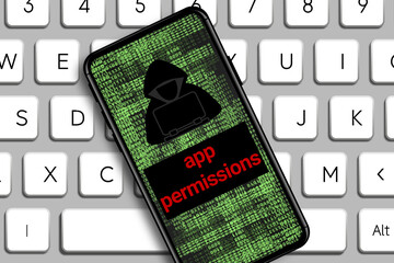 app permission word and Hacker icon in mobile phone with digital code numbers.