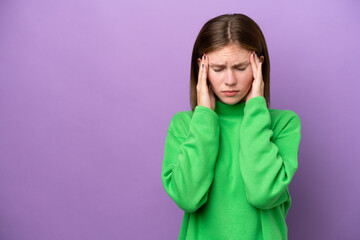 Young English woman isolated on purple background with headache