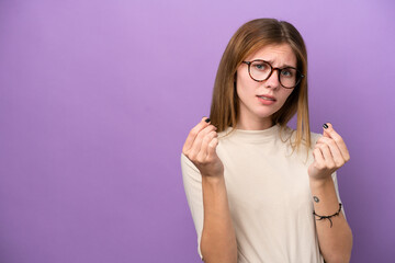 Young English woman isolated on purple background making money gesture but is ruined