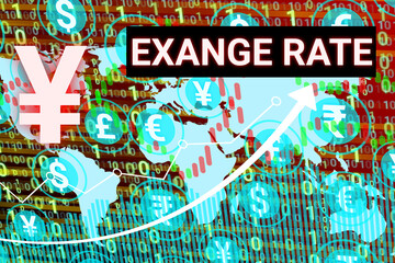 yen exchange rate background with currency symbol, graphs and numbers.